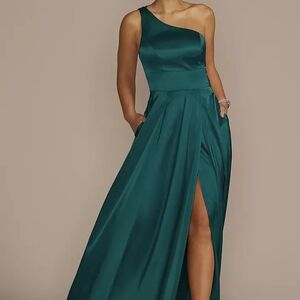 David's Bridal Galina Signature One-Shoulder Draped Charmeuse Dress (Color: Gem)
